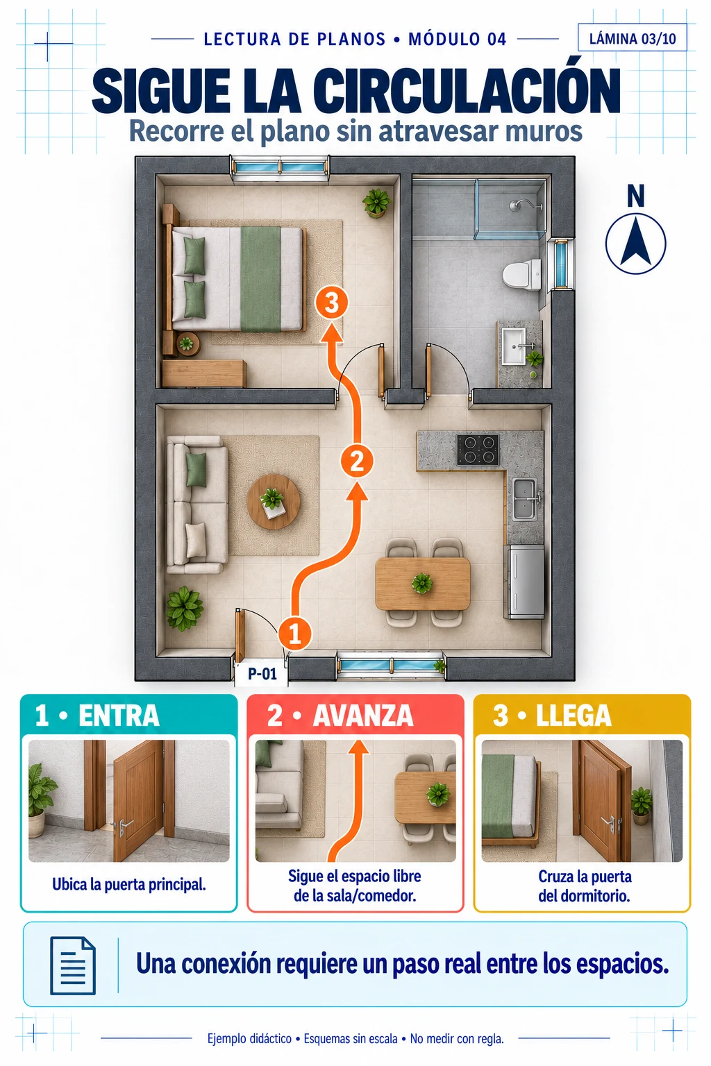 Lámina del módulo 4: recorrido desde la entrada hasta el dormitorio, a través de las puertas.