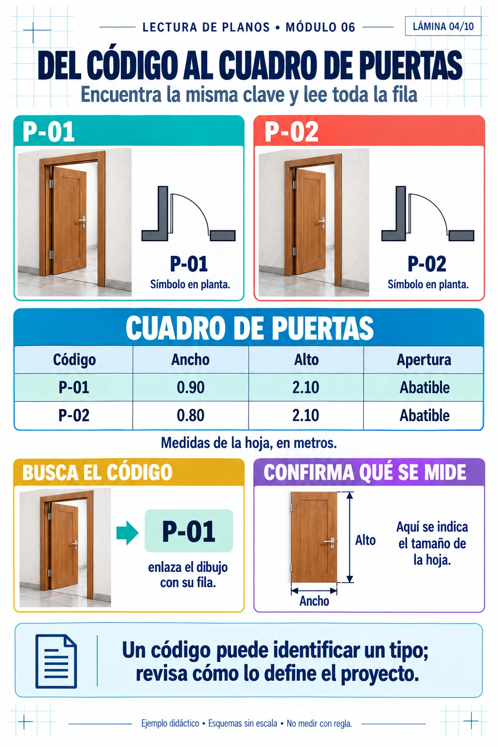 Lámina del módulo 6: puertas P-01 y P-02 con ancho, alto y tipo de apertura.