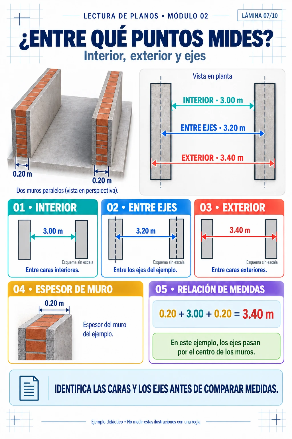 Lámina real con medidas de 3.00 m interiores, 3.20 m entre ejes y 3.40 m exteriores.